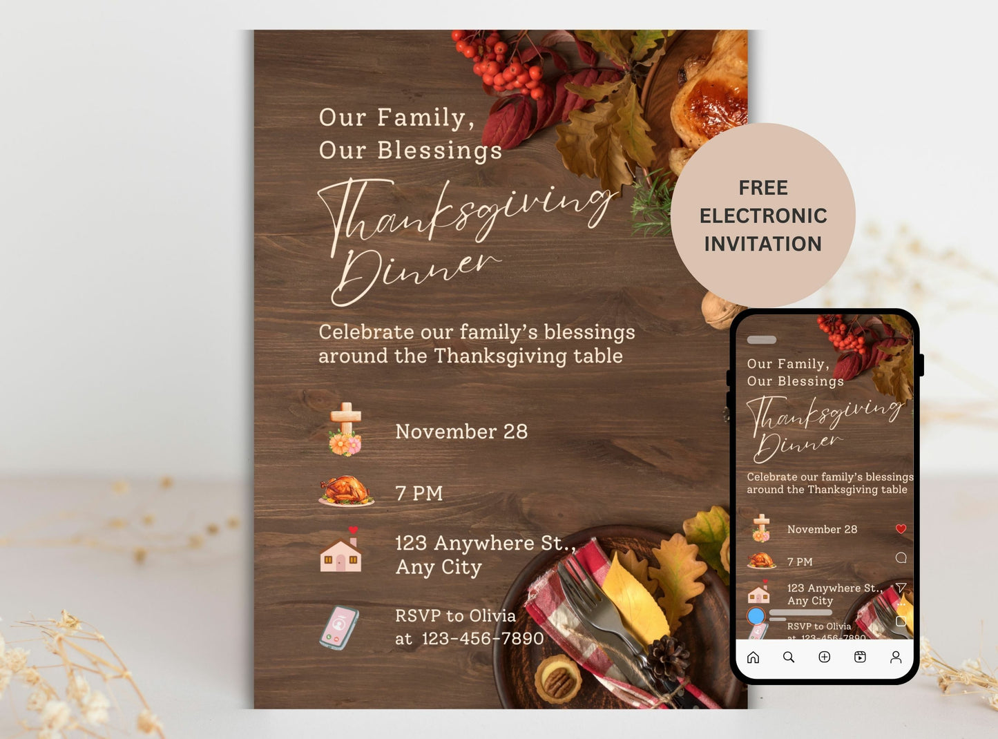 Editable Thanksgiving Invitation Template 1 | Custom Canva Design for Family