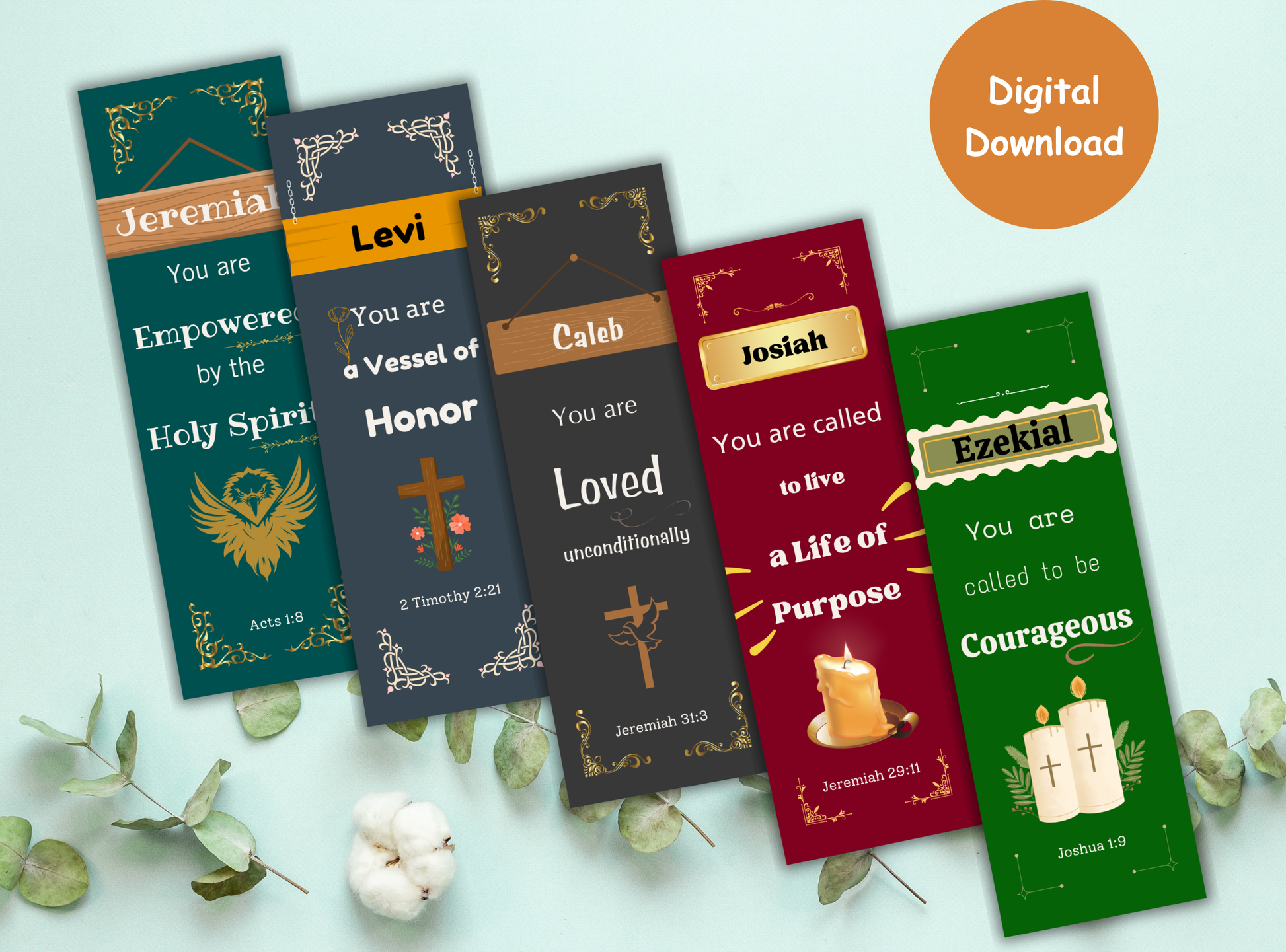 47 customizable Bible verse bookmarks for Christian men, featuring scripture and name personalization for a unique spiritual gift.