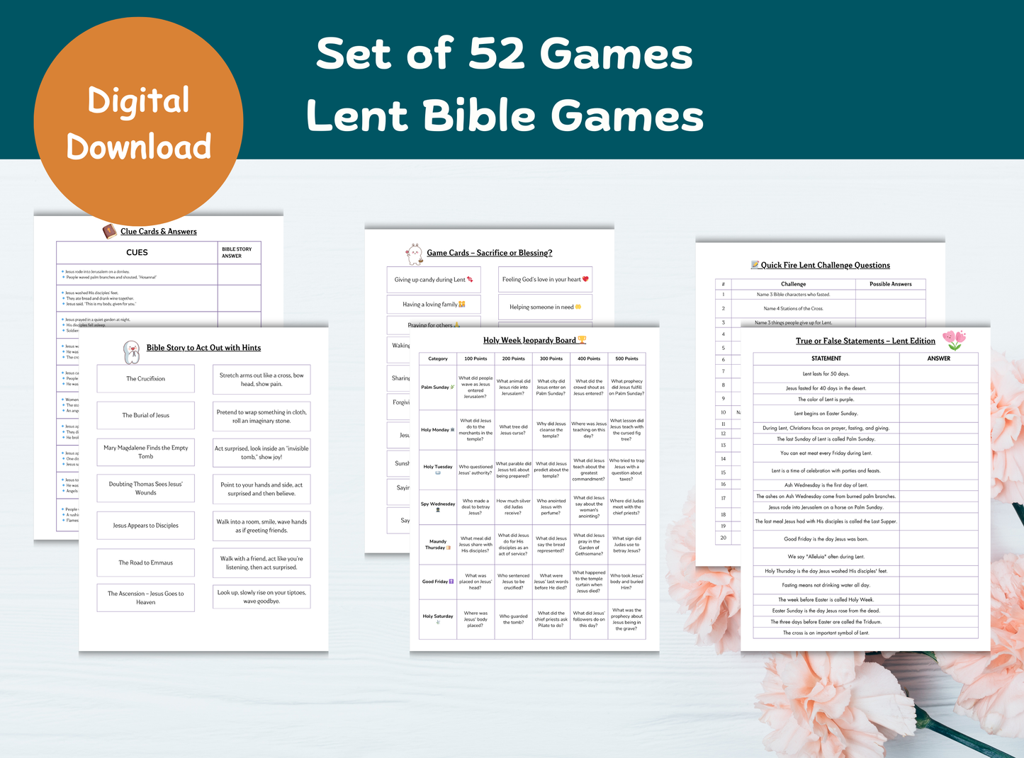Set of 52 Printable Lent Bible Games | Christian Group/ Family Activities