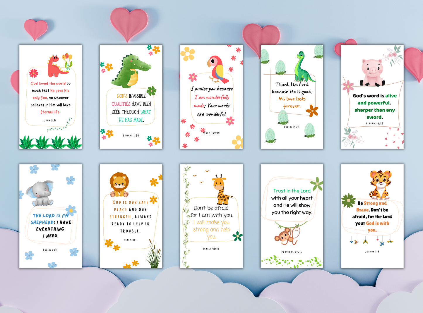 100 printable Bible scripture cards for kids, with child-friendly designs and easy-to-understand verses for young believers.