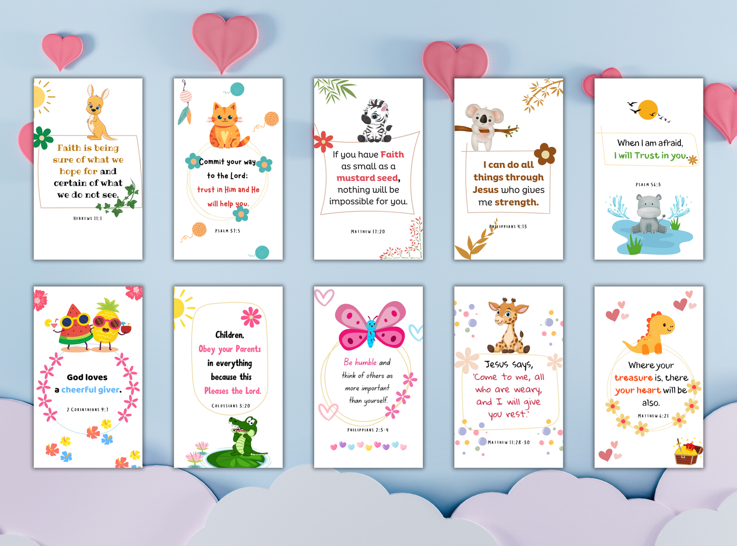 100 printable Bible scripture cards for kids, with child-friendly designs and easy-to-understand verses for young believers.