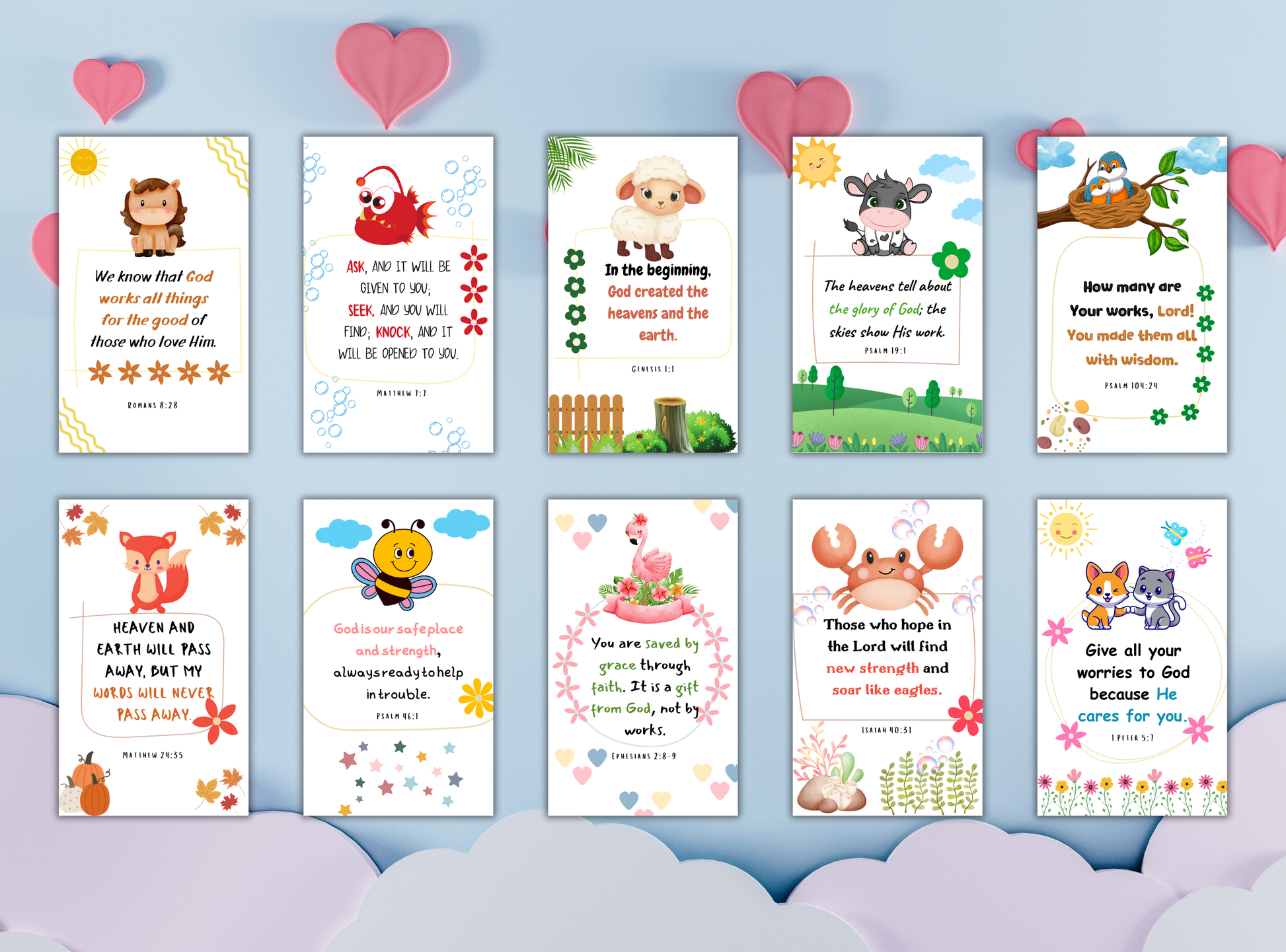 100 printable Bible scripture cards for kids, with child-friendly designs and easy-to-understand verses for young believers.