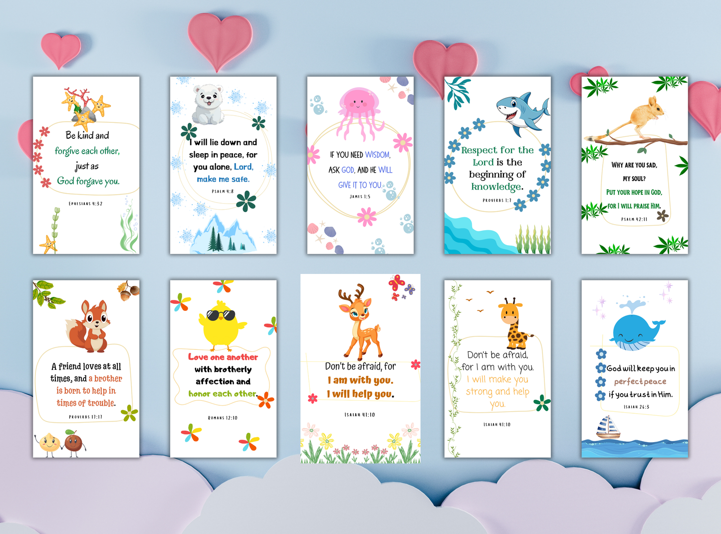 100 printable Bible scripture cards for kids, with child-friendly designs and easy-to-understand verses for young believers.