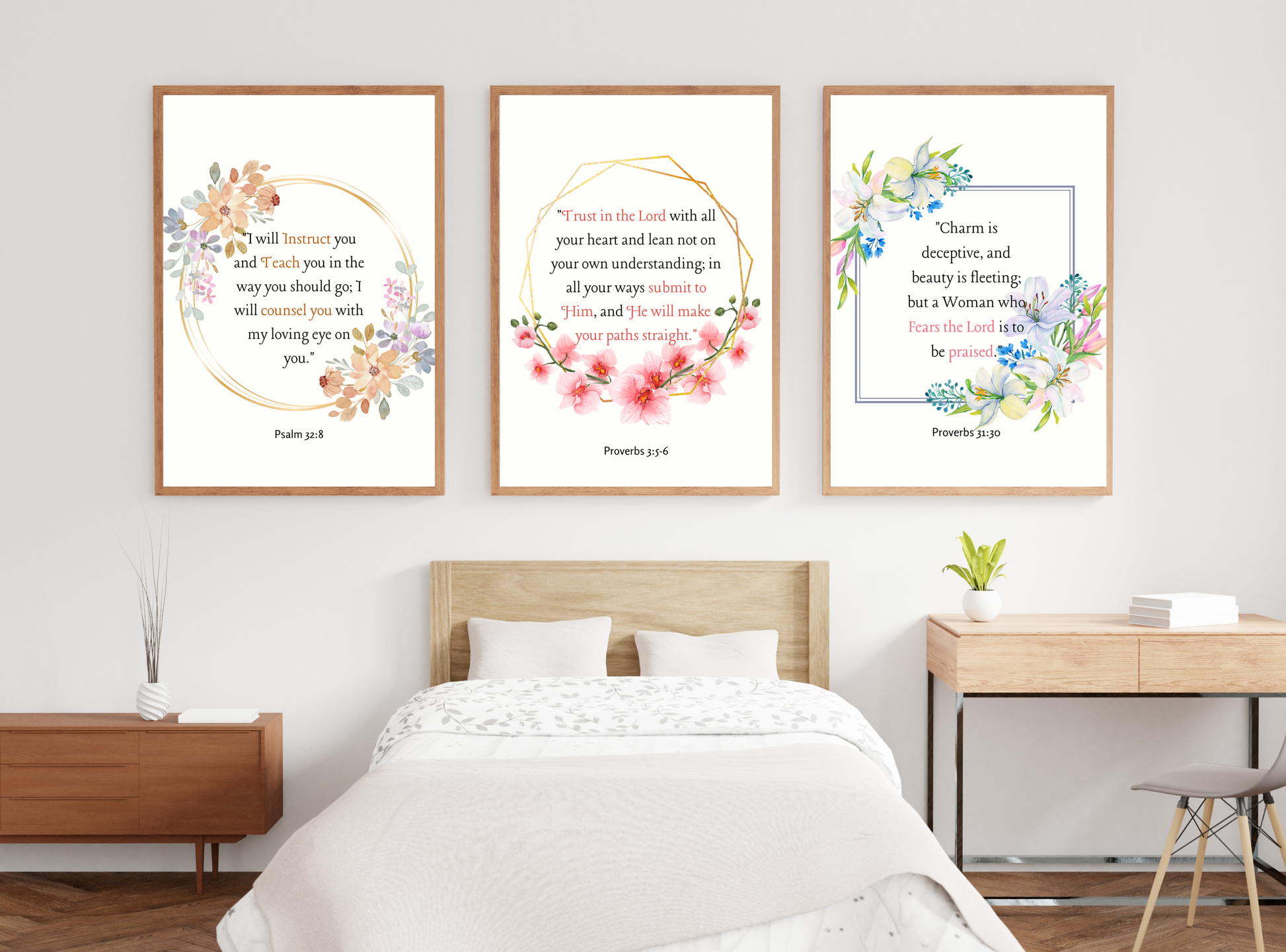 Collection of 50 printable Christian wall decor designs for women, featuring inspirational Bible verses and feminine floral designs