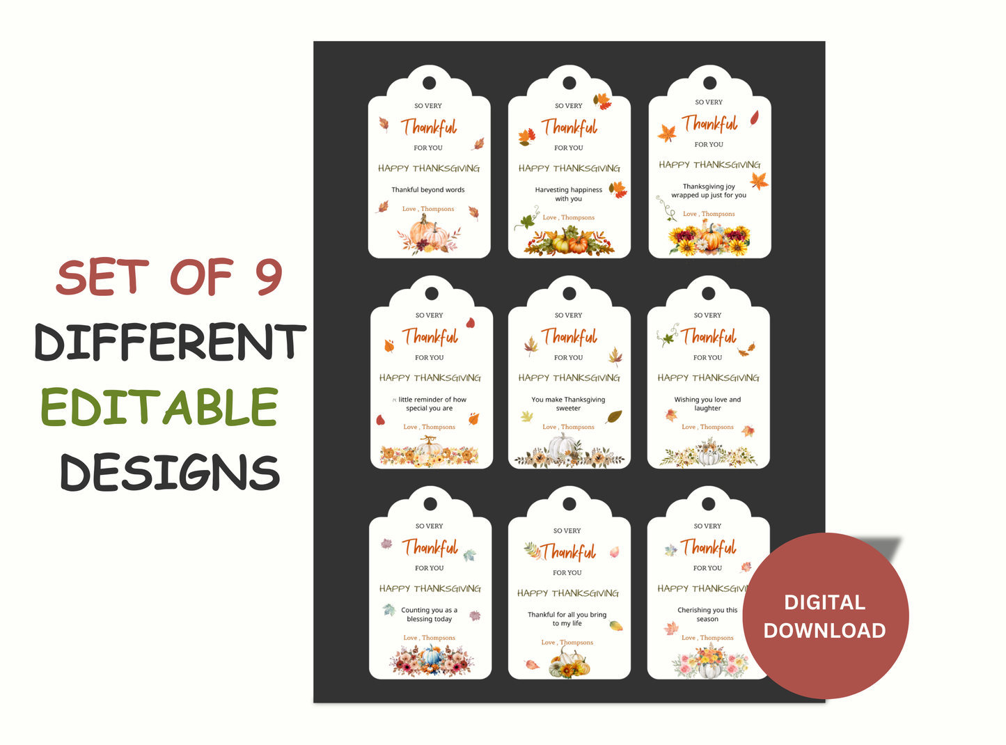 Editable Thanksgiving Gift Tags | 5 sheets | 42 designs