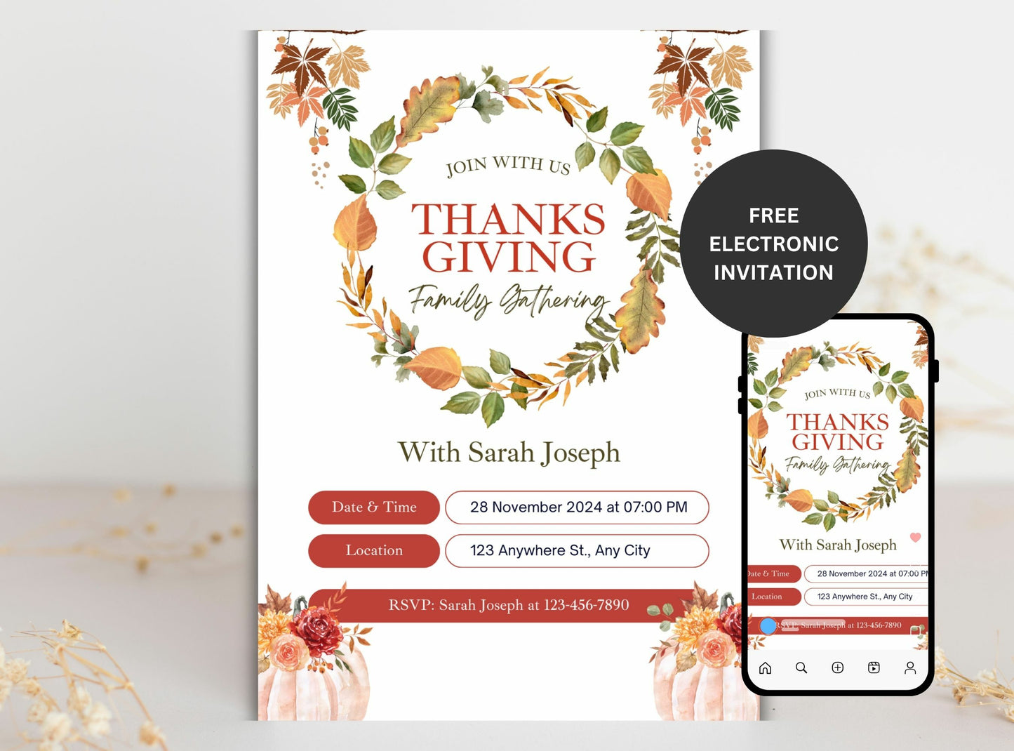 Editable Thanksgiving Invitation Template 15 | Custom Canva Design for Family