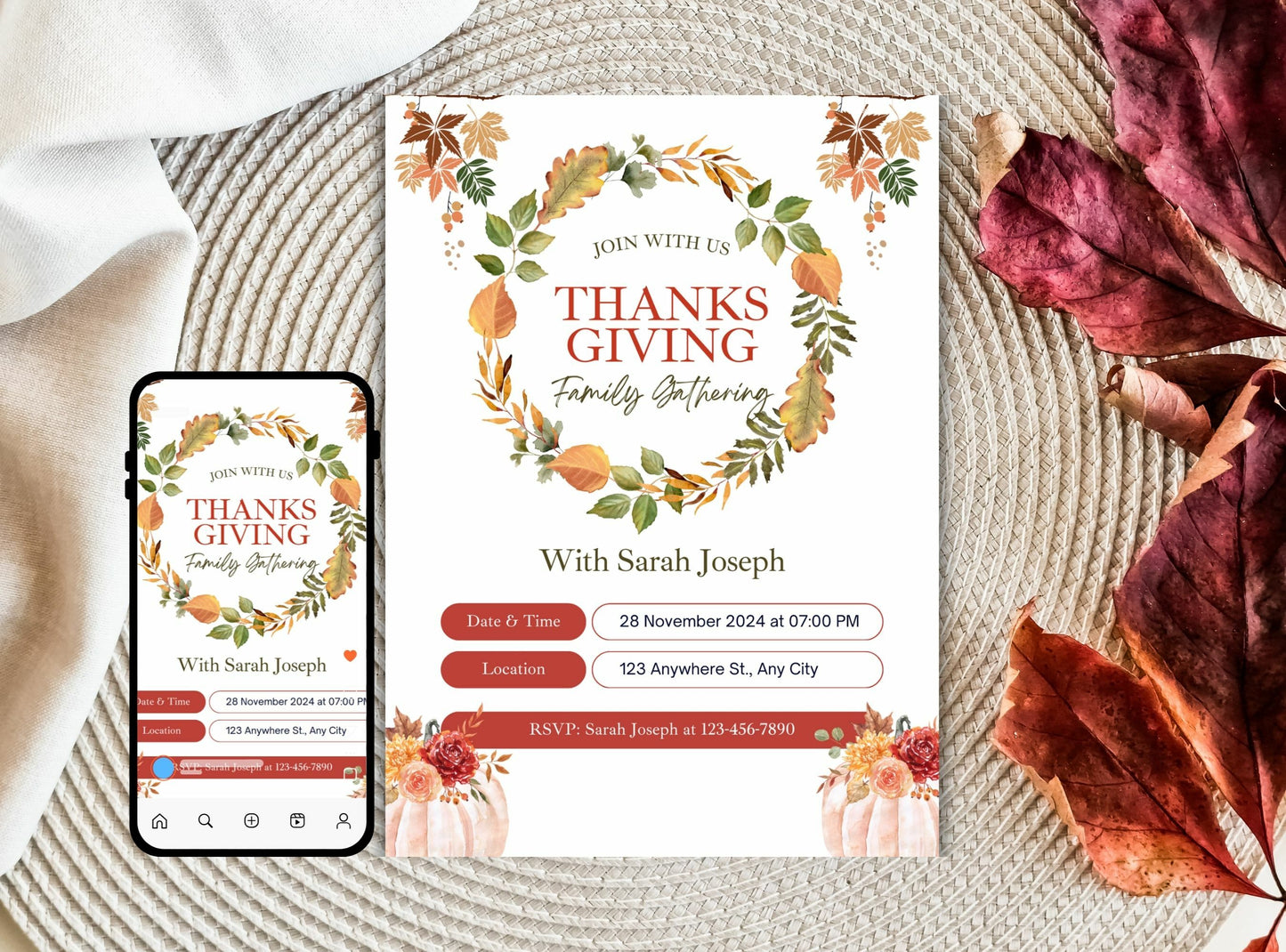 Editable Thanksgiving Invitation Template 15 | Custom Canva Design for Family