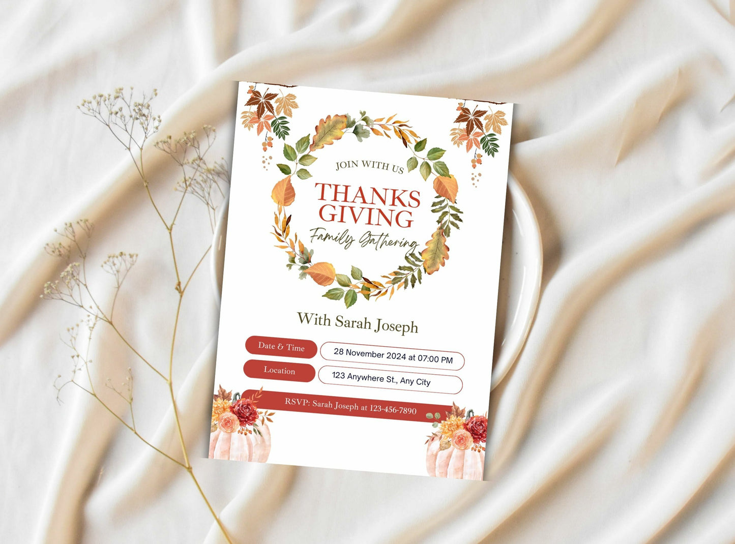 Editable Thanksgiving Invitation Template 15 | Custom Canva Design for Family