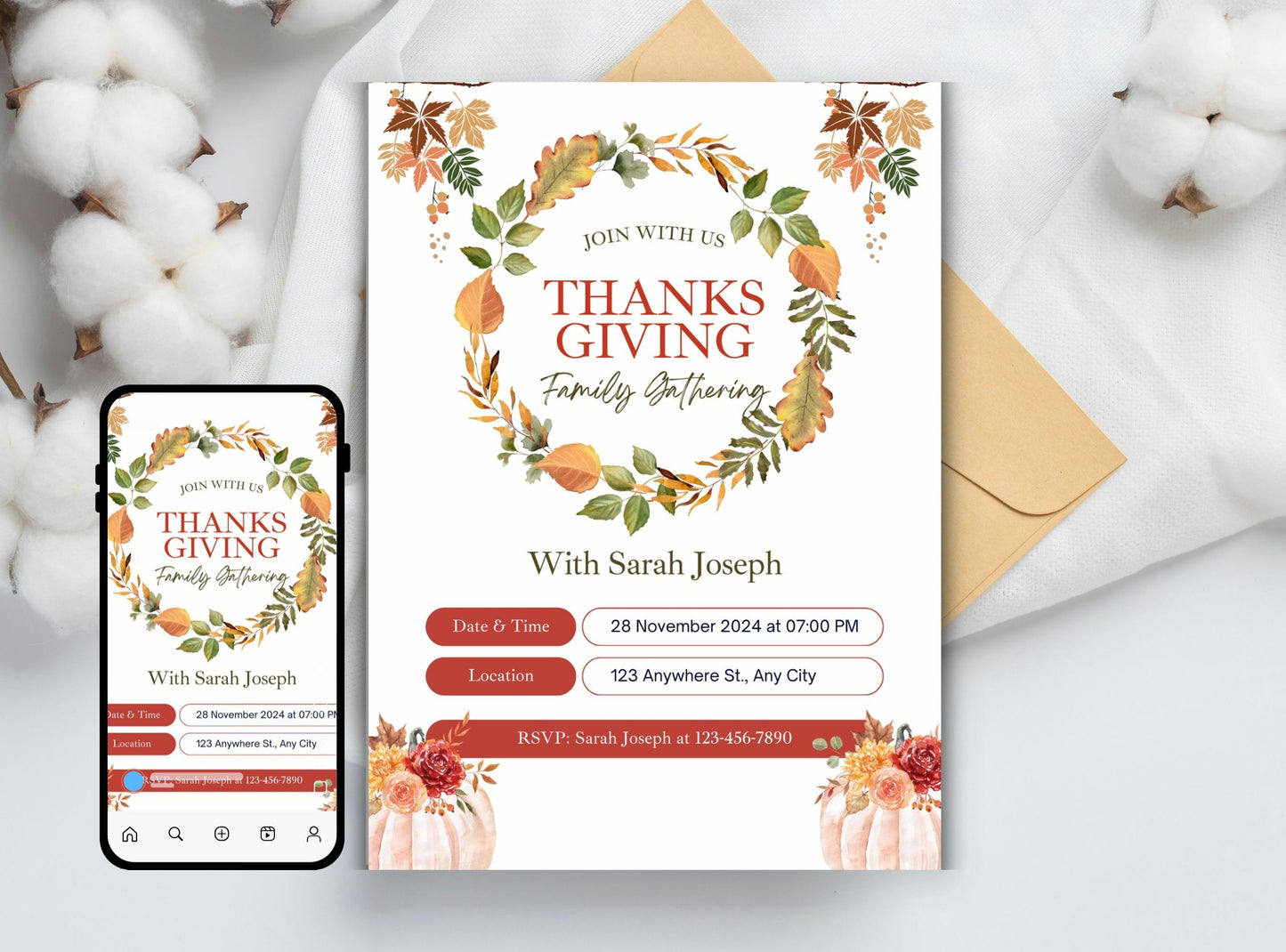 Editable Thanksgiving Invitation Template 15 | Custom Canva Design for Family