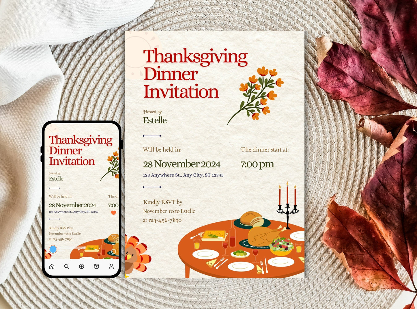 Editable Thanksgiving Invitation Template 16 | Custom Canva Design for Family