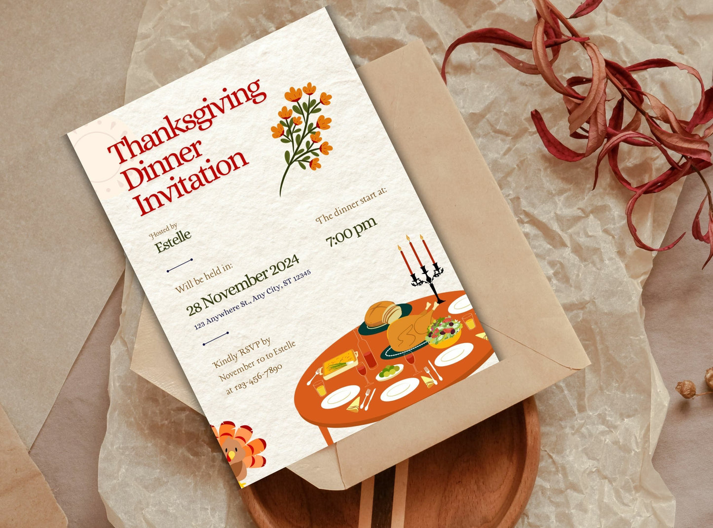 Editable Thanksgiving Invitation Template 16 | Custom Canva Design for Family