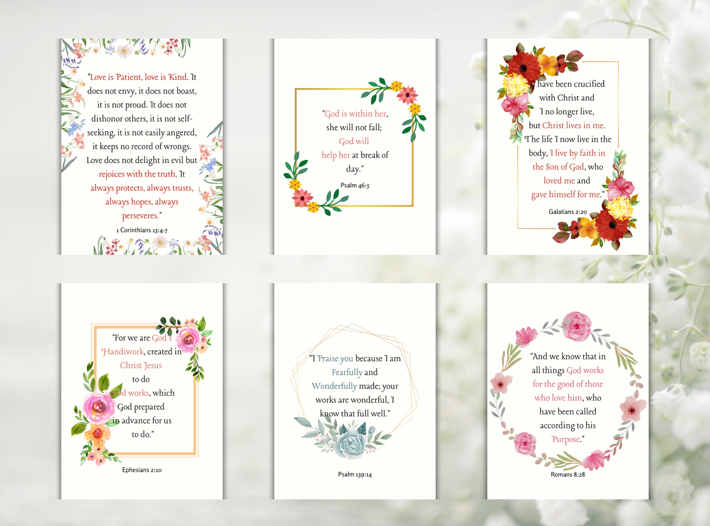 Collection of 50 printable Christian wall decor designs for women, featuring inspirational Bible verses and feminine floral designs