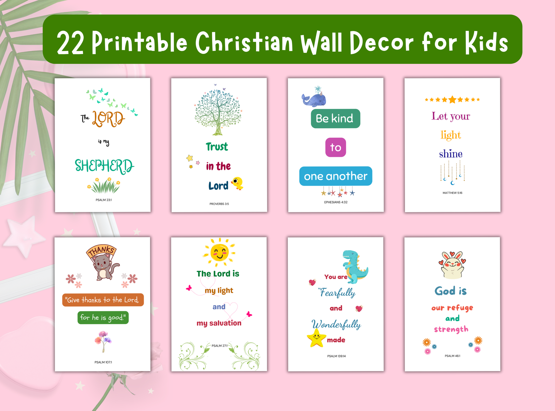 22 fun and colorful printable Christian wall decor designs for kids, featuring Bible verses and illustrations perfect for children’s rooms and Kids sunday School.