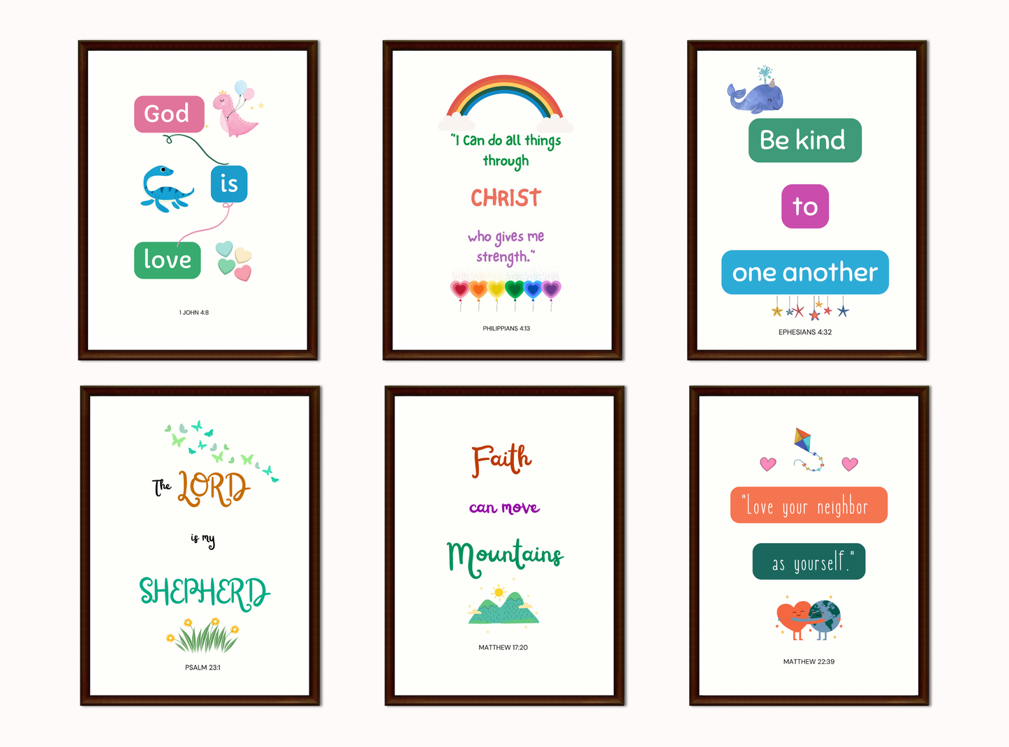 22 fun and colorful printable Christian wall decor designs for kids, featuring Bible verses and illustrations perfect for children’s rooms and Kids sunday School.