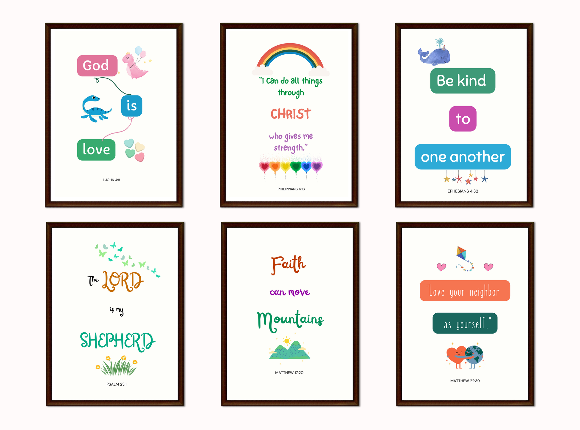 22 fun and colorful printable Christian wall decor designs for kids, featuring Bible verses and illustrations perfect for children’s rooms and Kids sunday School.