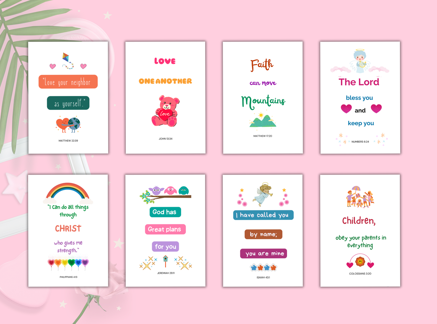 22 fun and colorful printable Christian wall decor designs for kids, featuring Bible verses and illustrations perfect for children’s rooms and Kids sunday School.