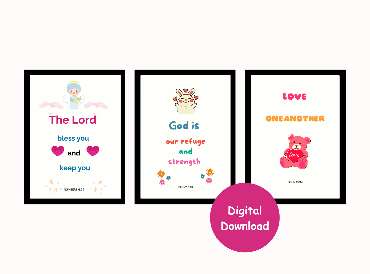 22 fun and colorful printable Christian wall decor designs for kids, featuring Bible verses and illustrations perfect for children’s rooms and Kids sunday School.