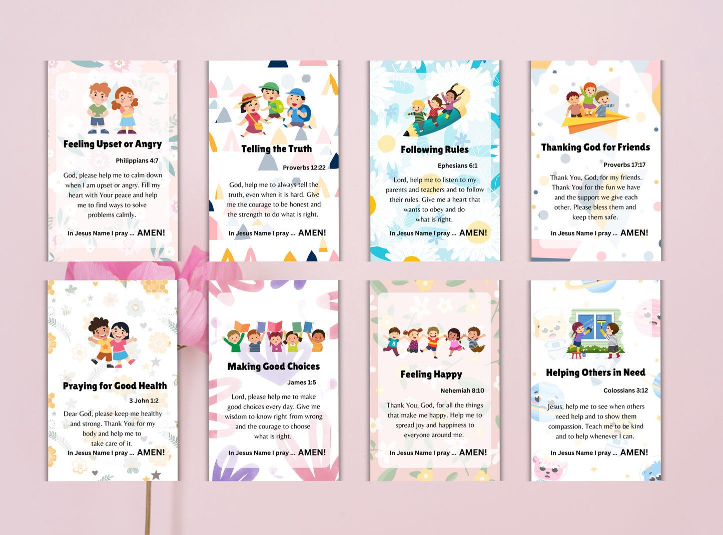 45 Christian prayer cards for kids, featuring simple prayers and Bible verses to help children grow in their faith