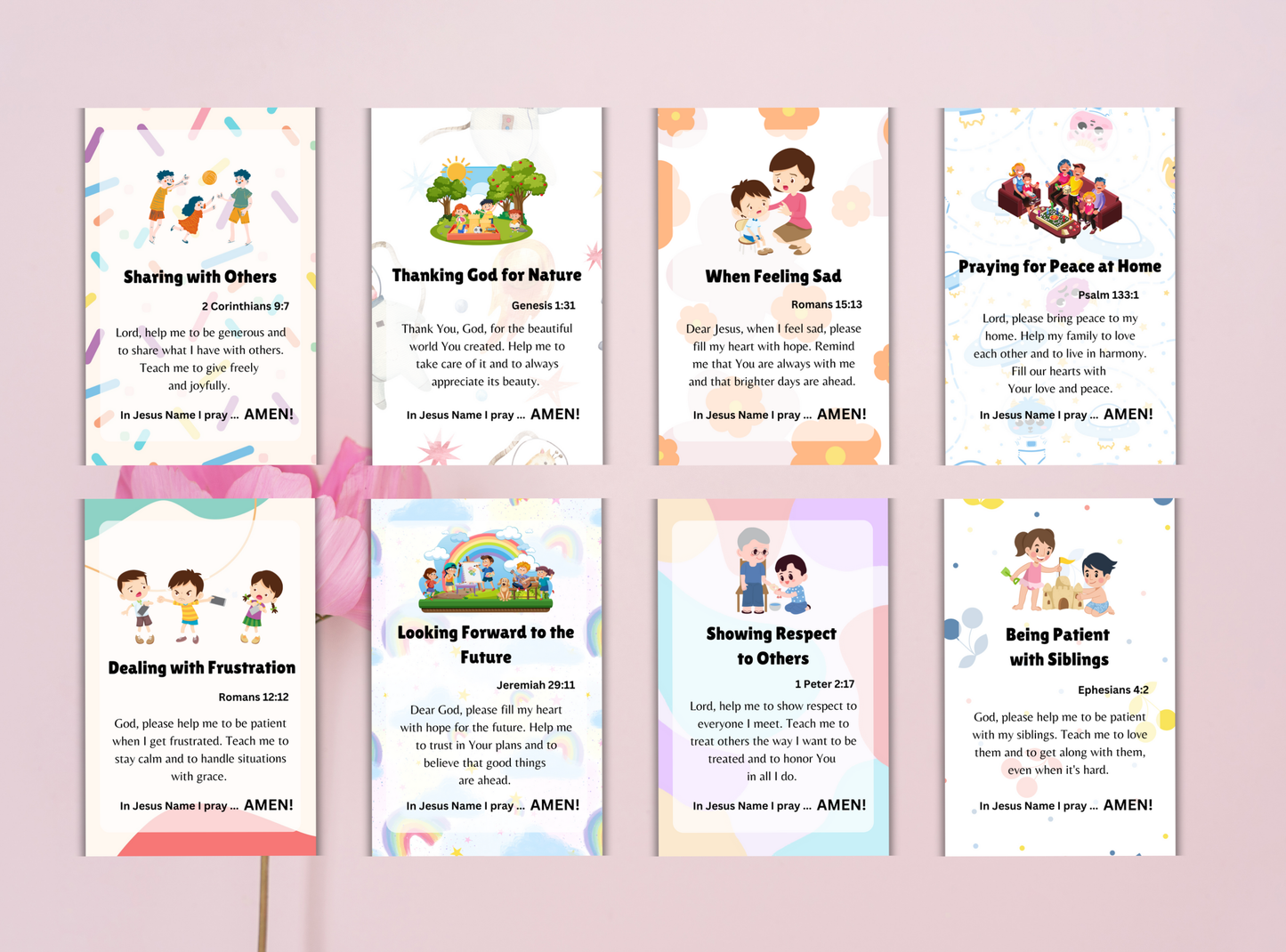 45 Christian prayer cards for kids, featuring simple prayers and Bible verses to help children grow in their faith