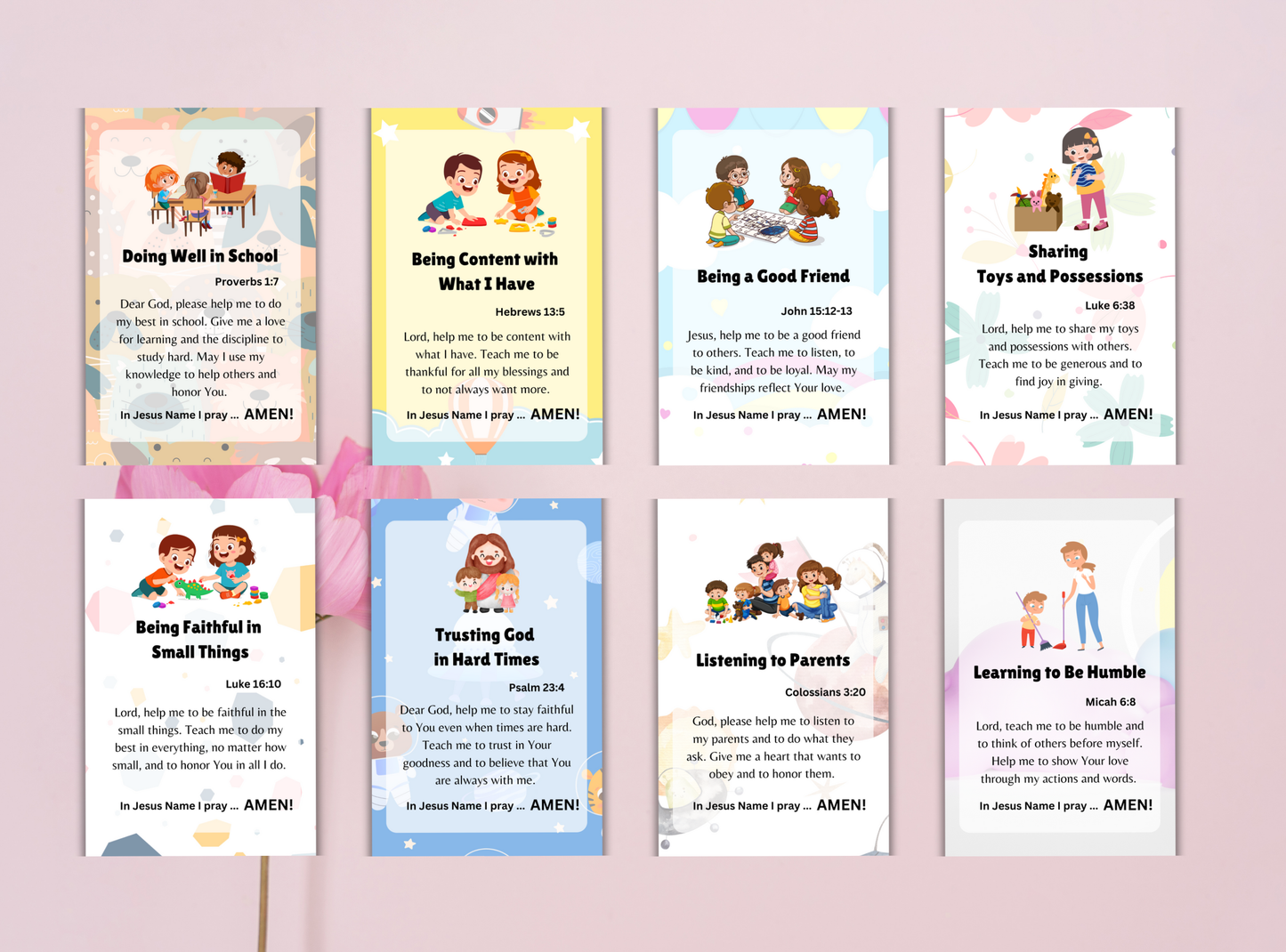 45 Christian prayer cards for kids, featuring simple prayers and Bible verses to help children grow in their faith