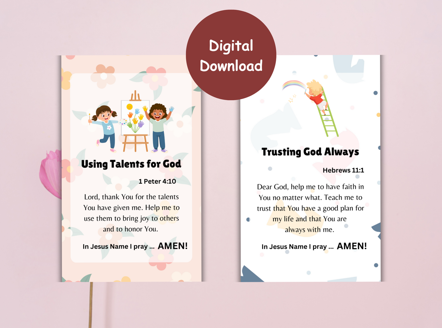 45 Christian prayer cards for kids, featuring simple prayers and Bible verses to help children grow in their faith