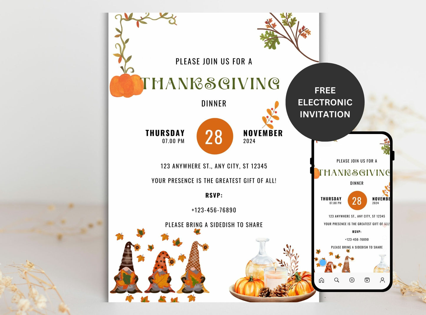 Editable Thanksgiving Invitation Template 20 | Custom Canva Design for Family